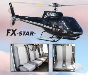 Outside and inside view of FX Star seating of Sunshine Helicopters.