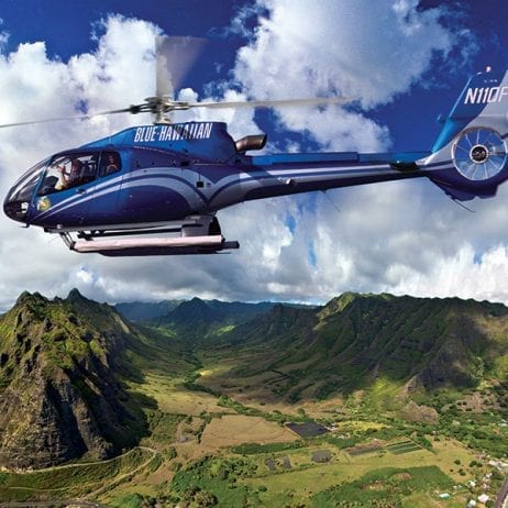 Blue Hawaiian Helicopters soaring above Maui's beautiful landscape during the helicopter adventure.