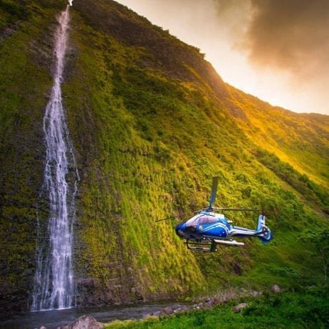 Hawaii’s biggest waterfall during Molokai helicopter tour with Blue Hawaiian Helicopters.