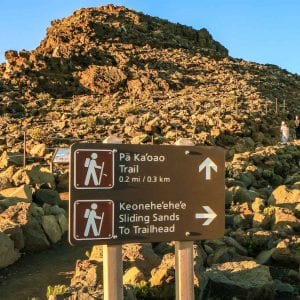 Rocky hill trail guide sign on a guided Haleakala Crater hike in Maui.