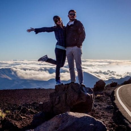 Couple atop Haleakala during Mountain Riders tour